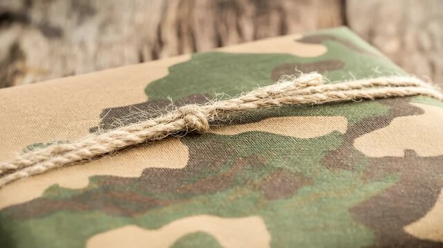 Close Up of a Camouflage Wrapped Present With Twine on Wood, Macro