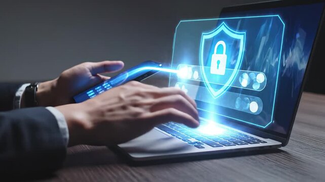 Two factor authentication security on laptop screen with businessman using phone for verification process