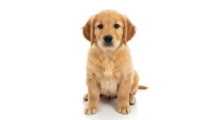 A golden retriever puppy sitting upright looking forward on a plain white background in a studio shot