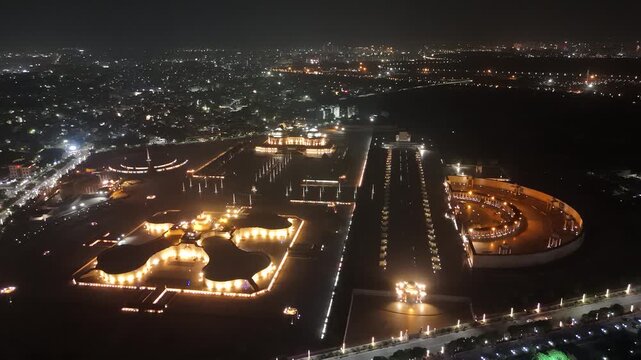 4k Aerial night Shot of Ambedkar Park in Lucknow, Uttar Pradesh, India