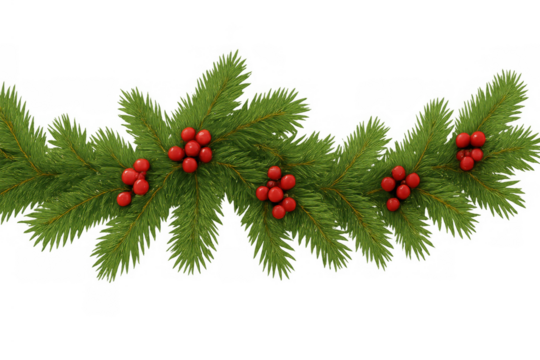 Christmas fir branch garland with red berries creating a festive border, transparent background