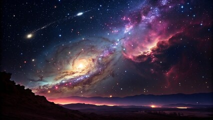 Vibrant spiral galaxy and nebula night sky over a dark mountain and landscape,space and wonder concept.