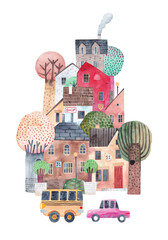 Cute old town. Houses, trees, car. Wall art. Design for a children's room, poster, postcard. Watercolor illustration. Childish style.