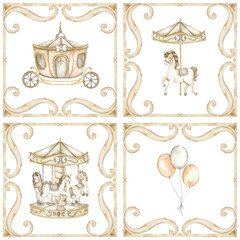 Seamless watercolor pattern with vintage carriage, carousel horse, balloons. Each element is in a separate ornate tile. Good for nursery textile, packaging, greeting cards, invitations, scrapbooking © Evgeniia