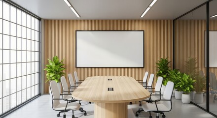 A conference room with a large table chairs plants and a whiteboard in a modern office space design