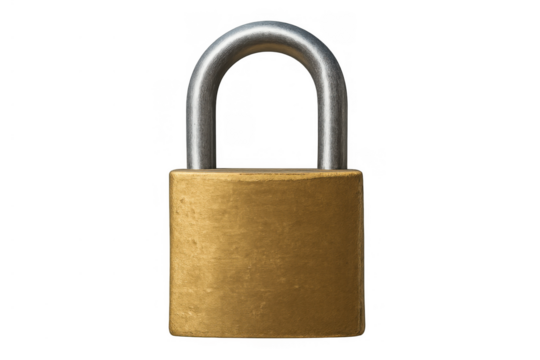Brass padlock symbolizing digital security, data protection, and access control. Isolated object on transparent background - Powered by Adobe