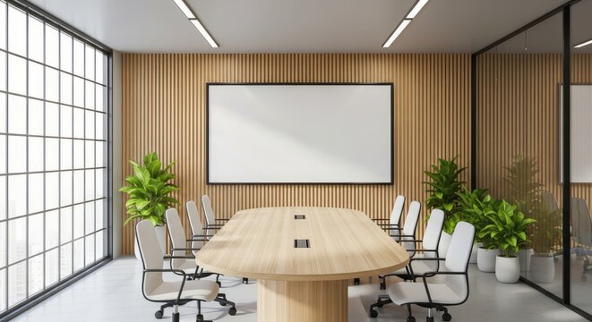 A conference room with a large table chairs plants and a whiteboard in a modern office space design - Powered by Adobe