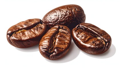 Close-up of roasted coffee beans on white background, showcasing texture & color