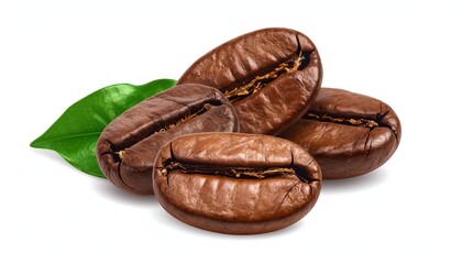 Close-up of roasted coffee beans with a vibrant green leaf, isolated on white