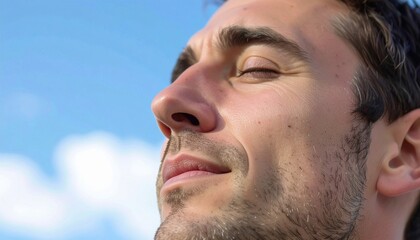 Obraz premium Close-up of face man looking at the sky feeling hope and faith.
