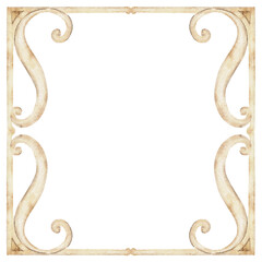 Watercolor tile with a decorative golden swirl frame, square shape and empty center. Use for monogram creation, invitation, greeting card, poster accent, wedding tag, label, scrapbook project