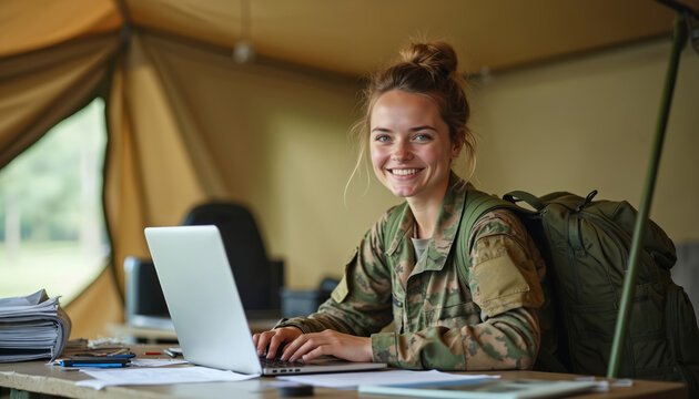 Happy woman soldier in army uniform works on laptop inside military tent. Smiling female in camouflage typing at desk. Service member using modern computer for communication, study military service