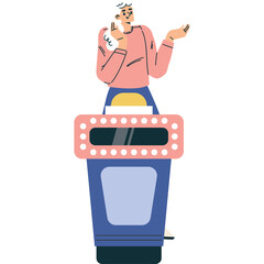 Quiz Show Host Standing Behind Buzzer Podium Gesturing While Holding Microphone and Speaking to Audience with Bright Stage Lights Overhead in a Studio Setting