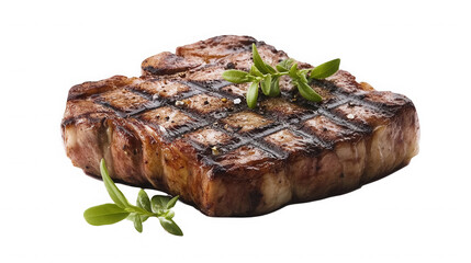 Delicious grilled steak garnished with fresh herbs close up on transparent background