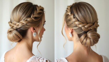 Blonde woman hair styled in an elegant braided low bun updo. Features a French braid crown and chignon knot, viewed from side and back. Suitable for weddings or formal events.