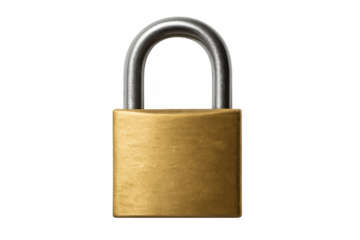 Brass padlock with steel shackle representing security, protection, privacy and restricted access