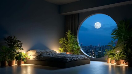 Cozy bedroom with a stunning city view and moonlit atmosphere for relaxation and inspiration