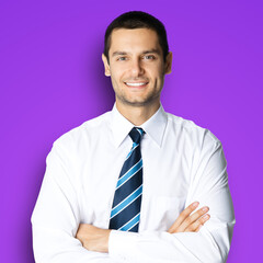 Portrait - folded hands happy smile confident business man, wear white shirt, blue striped tie, isolated violet purple background. Businessman, bank manager, lawyer, teacher. Square image