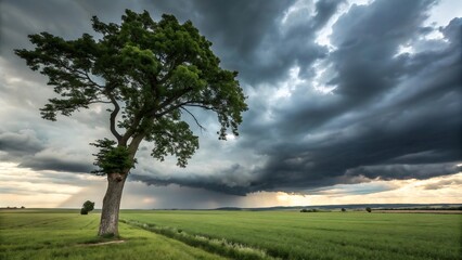 Lone tree in open field beneath dramatic cloudy sky, moody landscape nature photography