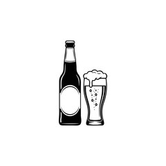 Illustration of a beer bottle and a glass of beer with foam, depicted in black and white.