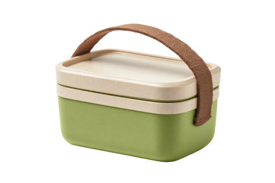 Green & beige lunchbox with brown handle against black background