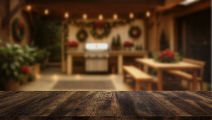 Empty wooden table on Christmas background with fireplace. Copy space.