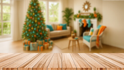 Empty wooden table with blurred background of patio decorated with Christmas tree, warm lights, and festive outdoor atmosphere.	