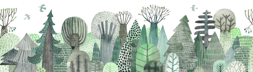 Cute watercolor illustration. Abstract green forest. Wildlife. Forest view. Horizontal repeating border.