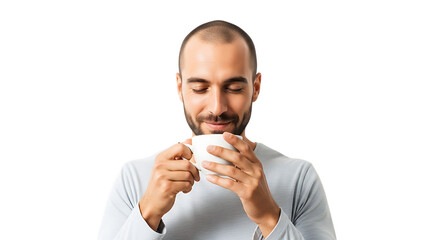 Man holding a cup of coffee isolated on transparent background