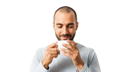 Man holding a cup of coffee isolated on transparent background