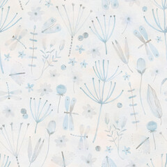 Cute seamless pattern with blue flowers, branch, leaves. Vintage watercolor background. Creative childish texture. Vintage pattern. Background for your design, textile, wallpaper.