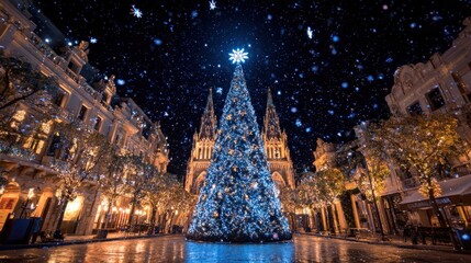 A grand Christmas tree in a city square, sparkling with thousands of lights and topped with a star