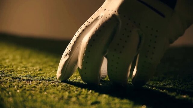 indoor golf golfer hand placing ball on green for play