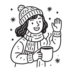 Cheerful woman in winter clothes holding a steaming mug, waving hello in the snowy season, perfect for holiday greetings and cozy winter designs