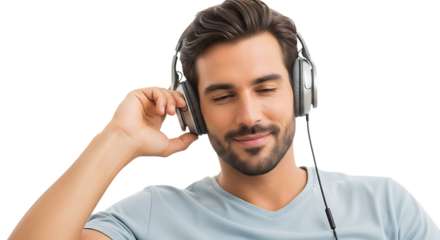 Man listening to music with headphones, isolated on transparent background