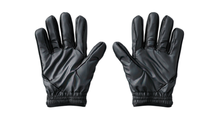 Pair of black gloves, laid out, palms up, against a dark backdrop