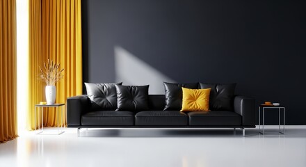 Interior view featuring a black leather sofa with yellow curtains and a dark gray wall behind it