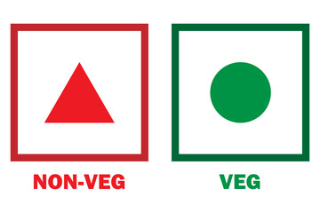 Veg and non-veg food icon dot and triangle. Vegetarian and non-vegetarian symbols. Green dot and red dot in squares. Vegan and non-vegan food labels. Vector illustration.