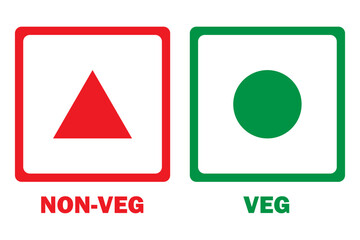 Veg and non-veg food icon dot and triangle. Vegetarian and non-vegetarian symbols. Green dot and red dot in squares. Vegan and non-vegan food labels. Vector illustration.
