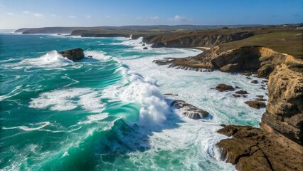 Crashing turquoise ocean waves with white foam against a rugged rocky cliff coastline: raw nature.