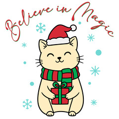 Cute Christmas Cat Holding Gift Box Wearing Santa Hat and Green Red Scarf with Snowflakes and “Believe in Magic” Text. 