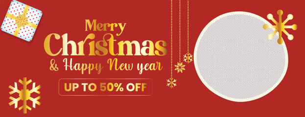 Modern Christmas Party and New Year Celebration Banner with Holiday Sale Promotion, Discount Offer, Web Header Template, Social Media Cover, and Christmas Illustration Background
