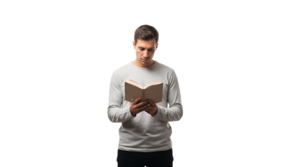 Young man reading a book, isolated on transparent background