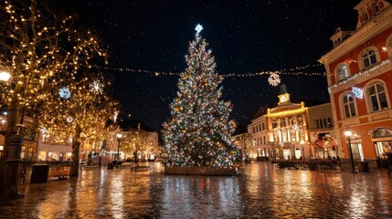Naklejka premium A grand Christmas tree in a city square, sparkling with thousands of lights and topped with a star