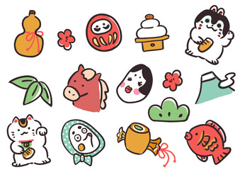 手描きの可愛い午年のお正月イラストセット