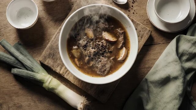 Steaming bowl of soup with meat and potatoes, nestled on wood with leeks and bowls. Rustic and warm still life