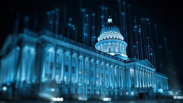 Futuristic government building illuminated at night, showcasing advanced technology and financial data integration in an urban setting