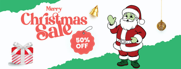 Christmas Sale Horizontal Banner with New Year Celebration Party Theme, Holiday Discount Promotion, Web Header Template, Social Media Cover, and Christmas Illustration Background