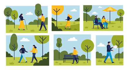 Collection of Flat Illustrations Depicting Diverse People Enjoying Outdoor Activities in a Green
