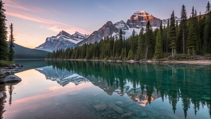Stunning Rockies mountain reflection in a calm, emerald alpine lake at sunrise or sunset.